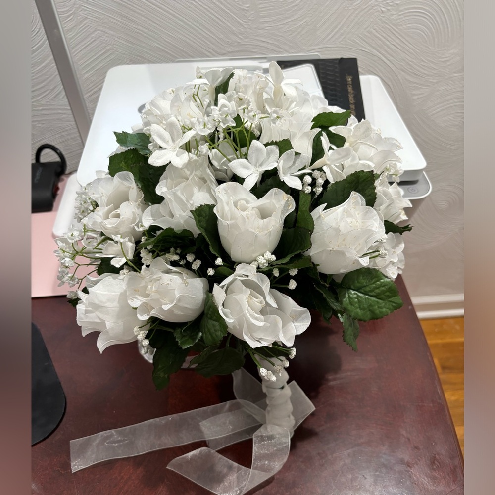 White silk wedding bouquet.